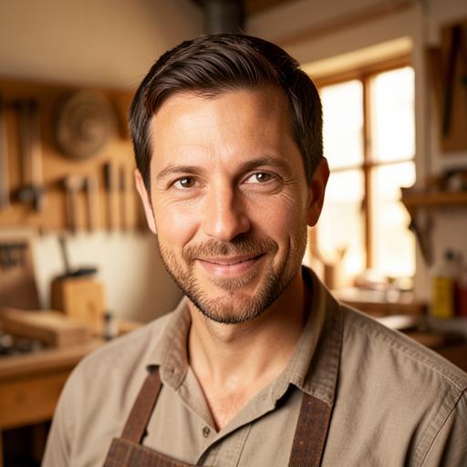 Retrato de um marceneiro sorrindo em sua oficina